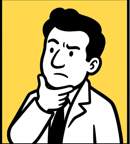 Cartoon man in a suit frowning in thought